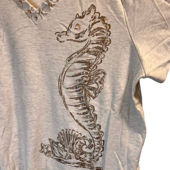 Alfred Dunner Beaded V-Neck Seahorse Top Plus Size 3X Cream Cotton Blend - Picture 10 of 12